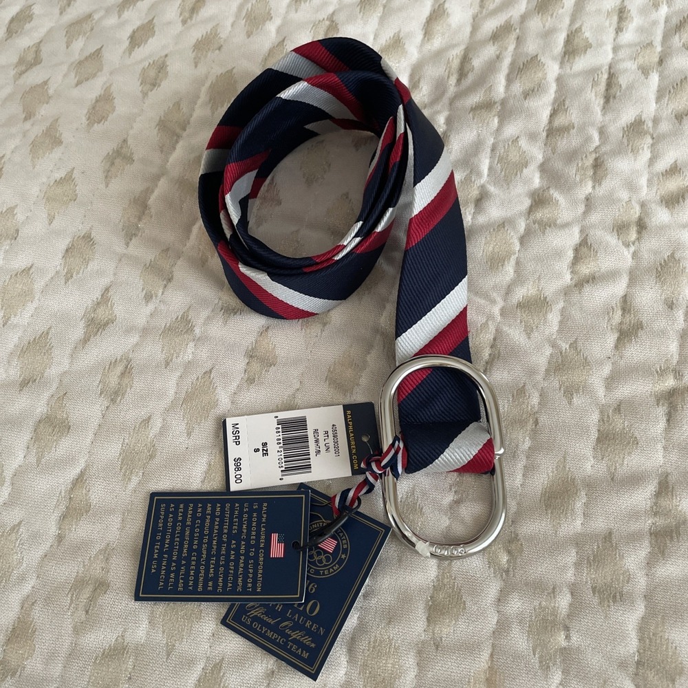 Polo Ralph Lauren Navy Stripe 2016 Olympic Paralympic Double-D Ring Belt NWT Sm